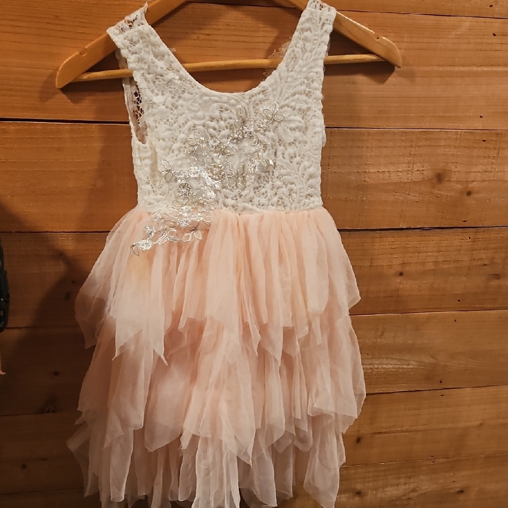 Elegant Lace and Tulle Kids Dress in Cream and Pink